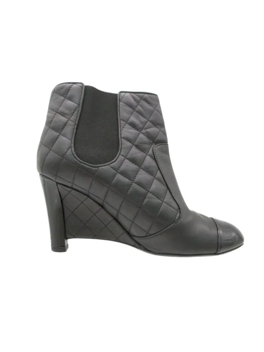 Chanel Boots Booties Short Wedge Sole Quilted Cap Toe Side Gore Leather Shoes
